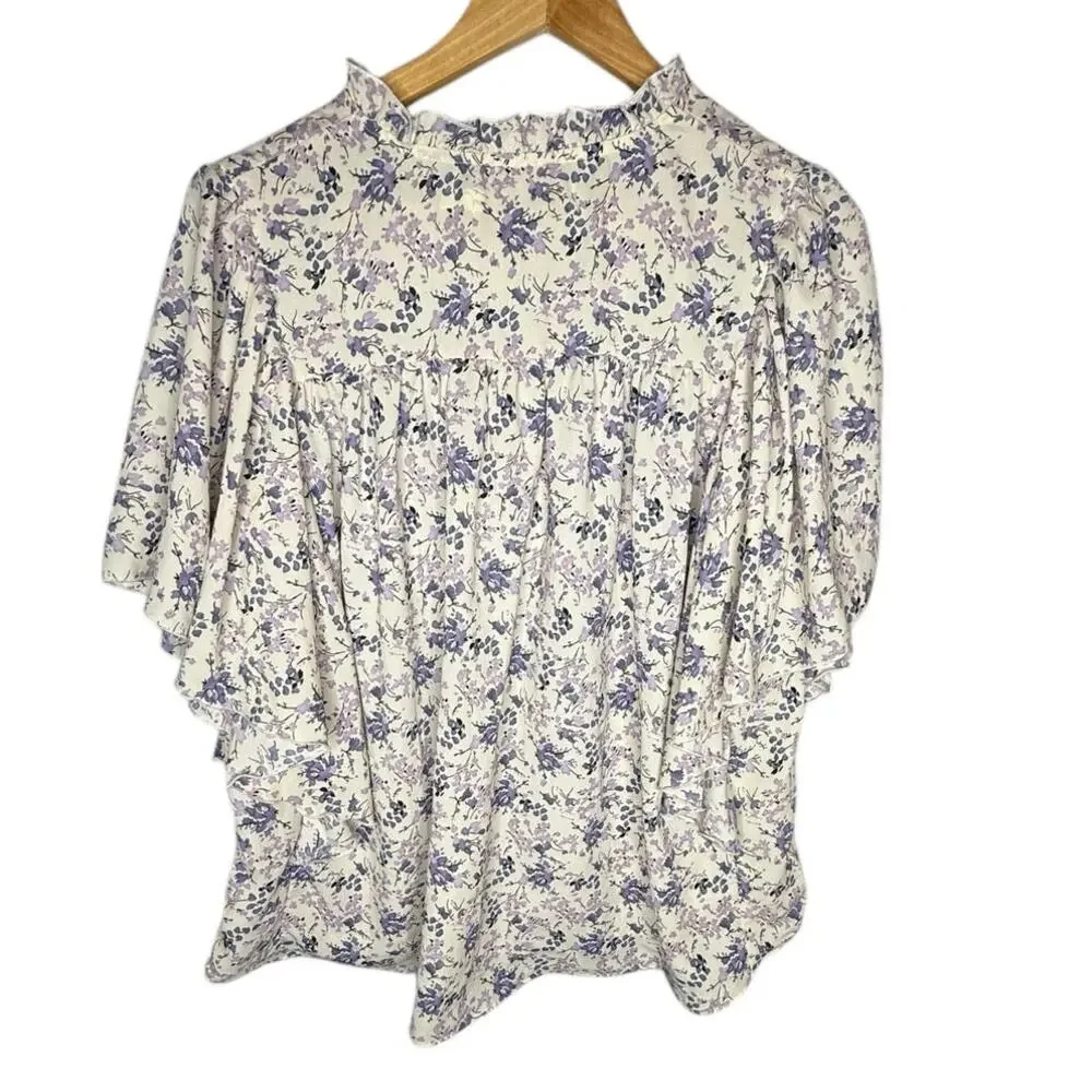 bishop + young White and Lavender Floral Flutter-Sleeve Blouse - Picture 7 of 8